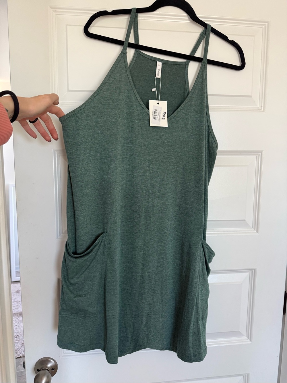 Green V-Neck Slub knit Romper with Pockets